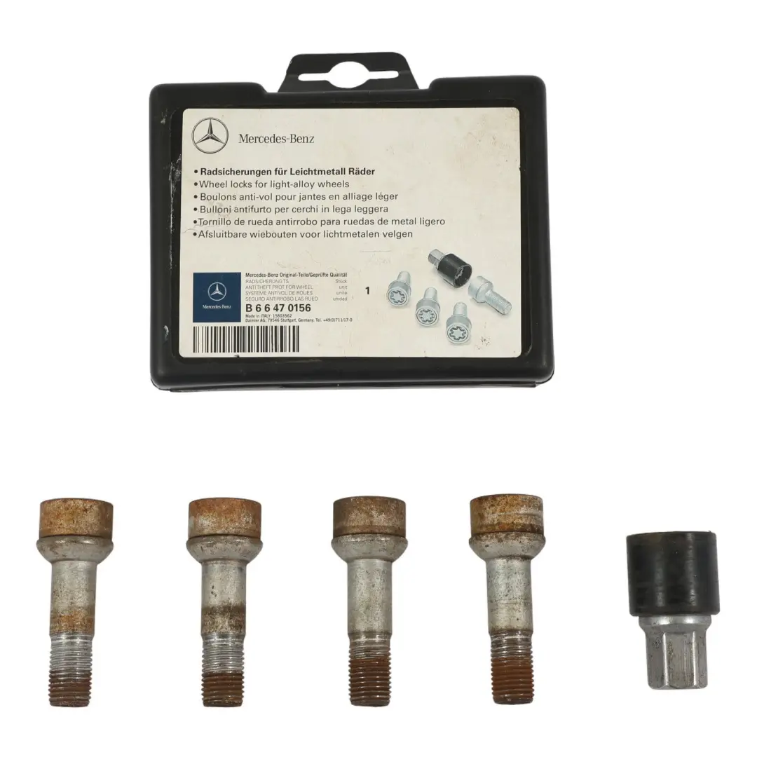 Radsicherungsbolzen Sicherungsmutter Satz für Mercedes W164 W166 mit Teilenummer B66470156 Mercedes W164 W166 Radsicherungsbolzen Sicherungsmutter Satz - SKU B66470156 - Teilenummer B66470156