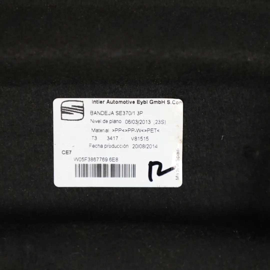 Mk3 5F 3 Door Boot Parcel Shelf Load Cover Black to Seat Leon with Part number 5F3867769 Seat Leon Mk3 5F 3 Door Boot Parcel Shelf Load Cover Black - SKU 5F3867769 - Part number 5F3867769