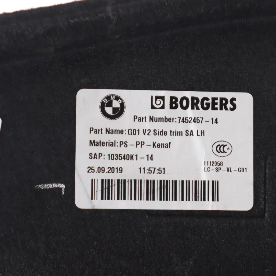 BMW G01 F97 Trunk Trim Boot Storage Compartment Side Panel Left N/S - SKU 7452457 - Part number 7452457