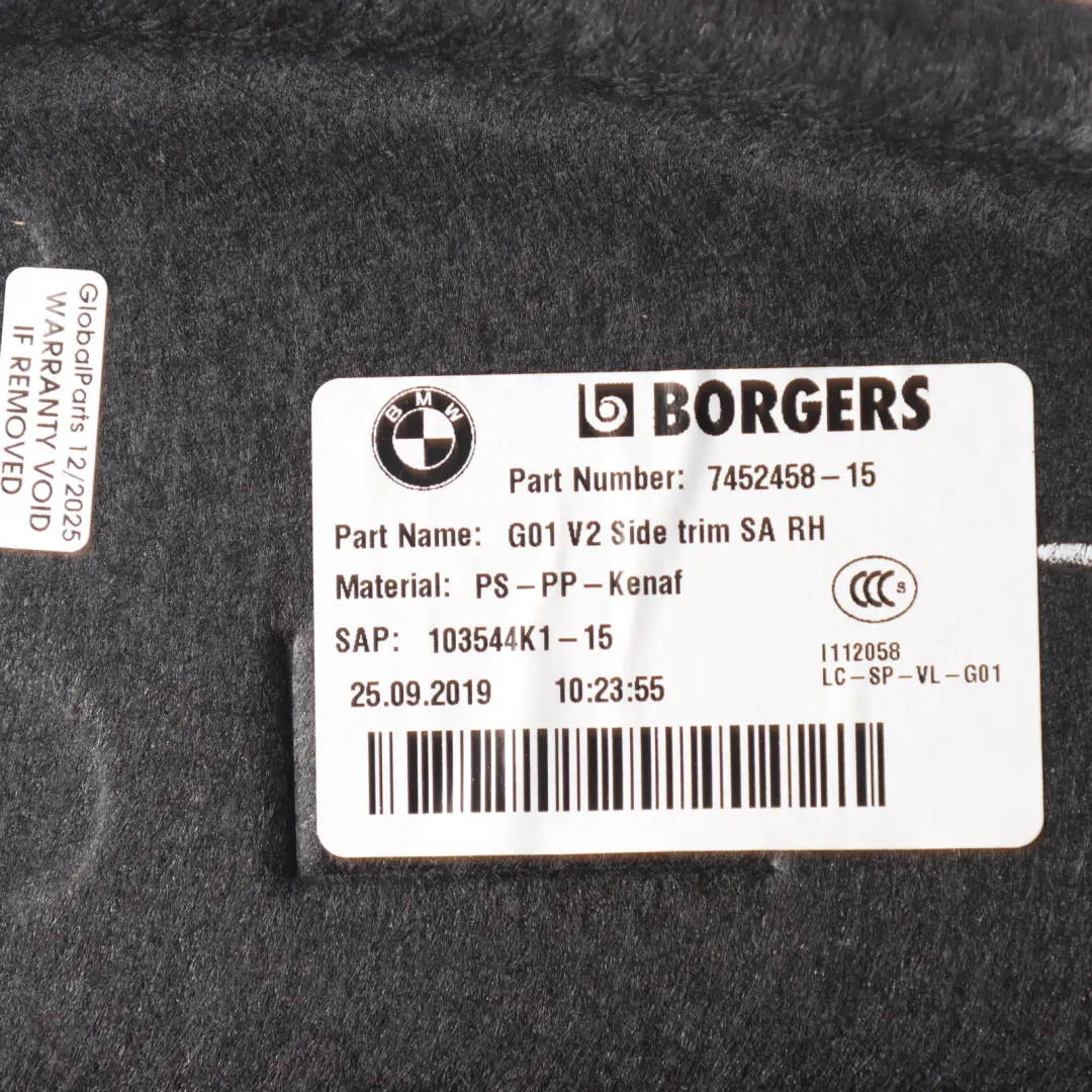 BMW G01 F97 Trunk Trim Boot Storage Compartment Side Panel Right O/S - SKU 7452458 - Part number 7452458