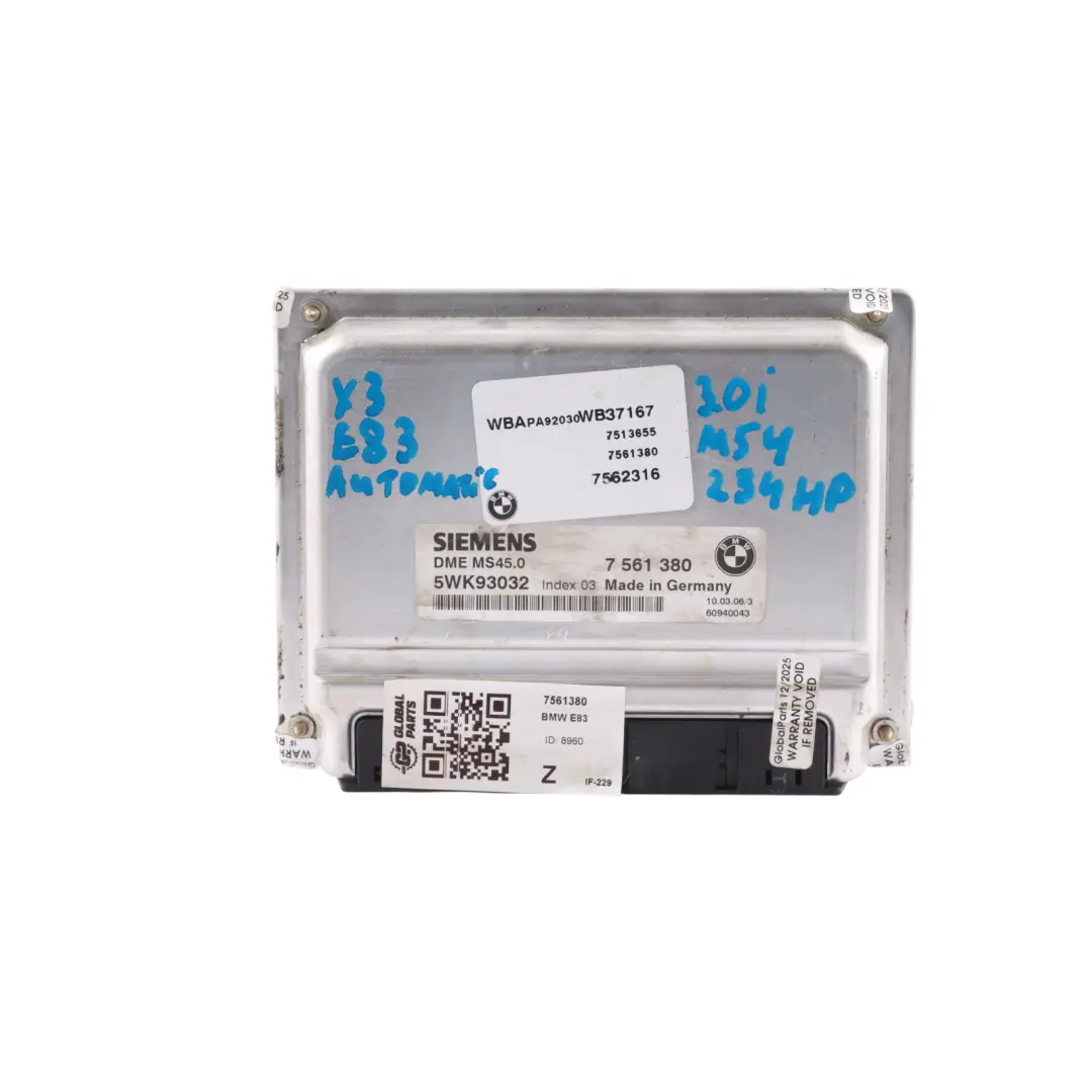 3.0iX M54 231HP xDrive Engine Control Module ECU Automatic to BMW X3 E83 with Part number 7561380 BMW X3 E83 3.0iX M54 231HP xDrive Engine Control Module ECU Automatic - SKU 7561380 - Part number 7561380