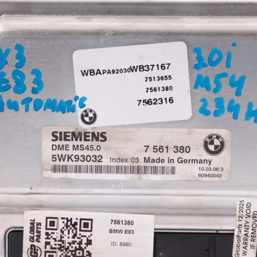 BMW X3 E83 3.0iX M54 231HP xDrive Engine Control Module ECU Automatic - SKU 7561380 - Part number 7561380