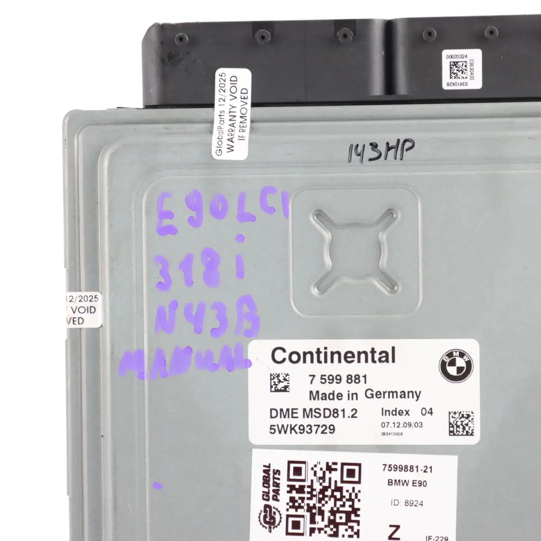 N43 143HP Engine ECU KIT DME Manual to BMW E87 LCI E90 E91 118i 318i with Part number 7599881 BMW E87 LCI E90 E91 118i 318i N43 143HP Engine ECU KIT DME Manual - SKU 7599881-21 - Part number 7599881