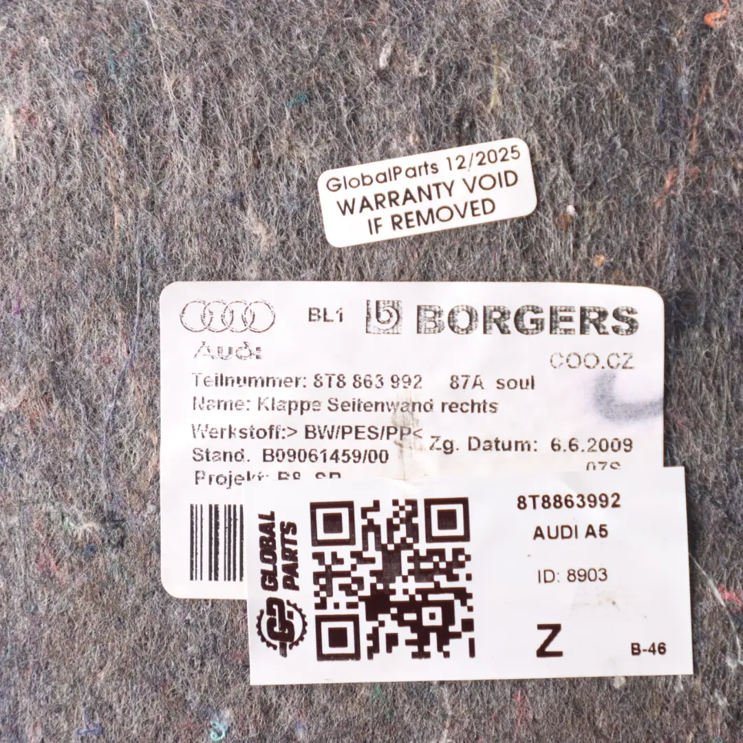 Audi A5 S5 8T Rear Boot Trunk Storage Box Compartment Trim Right O/S - SKU 8T8863992 - Part number 8T8863992