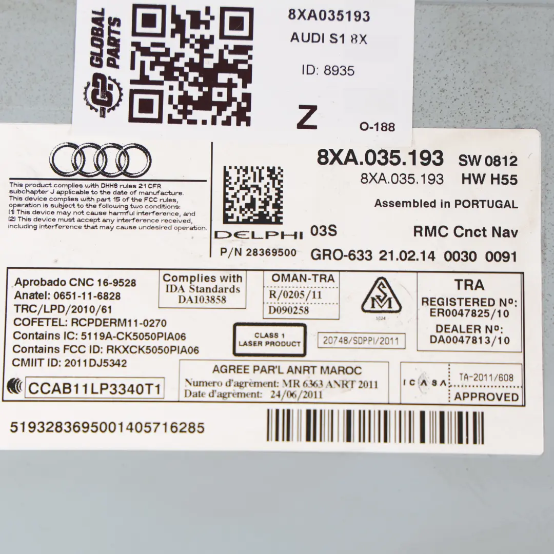 Audi A1 8X Autoradio De Navigation Lecteur CD MMI Stéréo - SKU 8XA035193 - Numéro de pièce 8XA035193