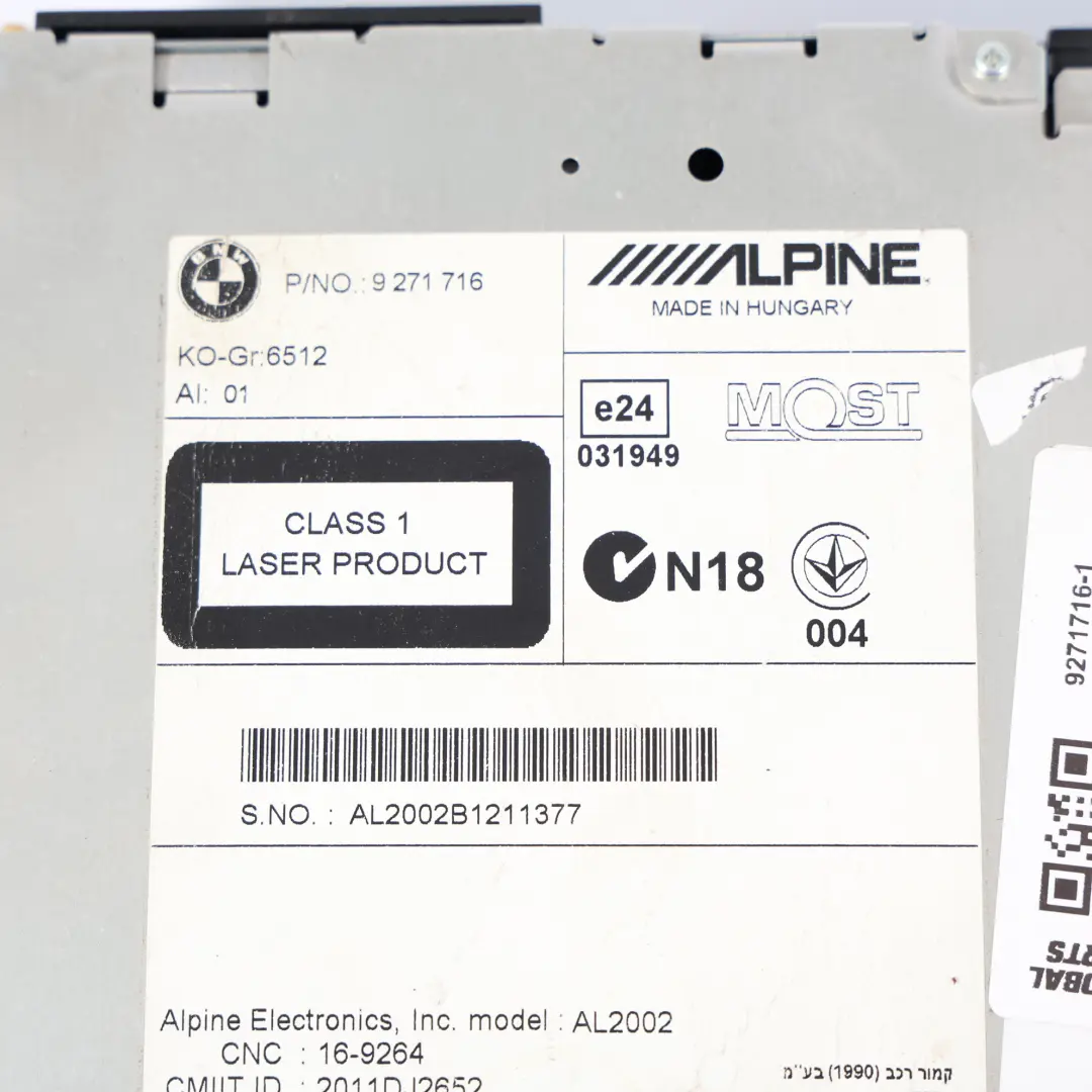 Unità Principale Radio Lettore Multimediale Controllo Alpine per BMW F20 F30 con numero di parte 9271716 BMW F20 F30 Unità Principale Radio Lettore Multimediale Controllo Alpine - SKU 9271716-1 - Numero di parte 9271716