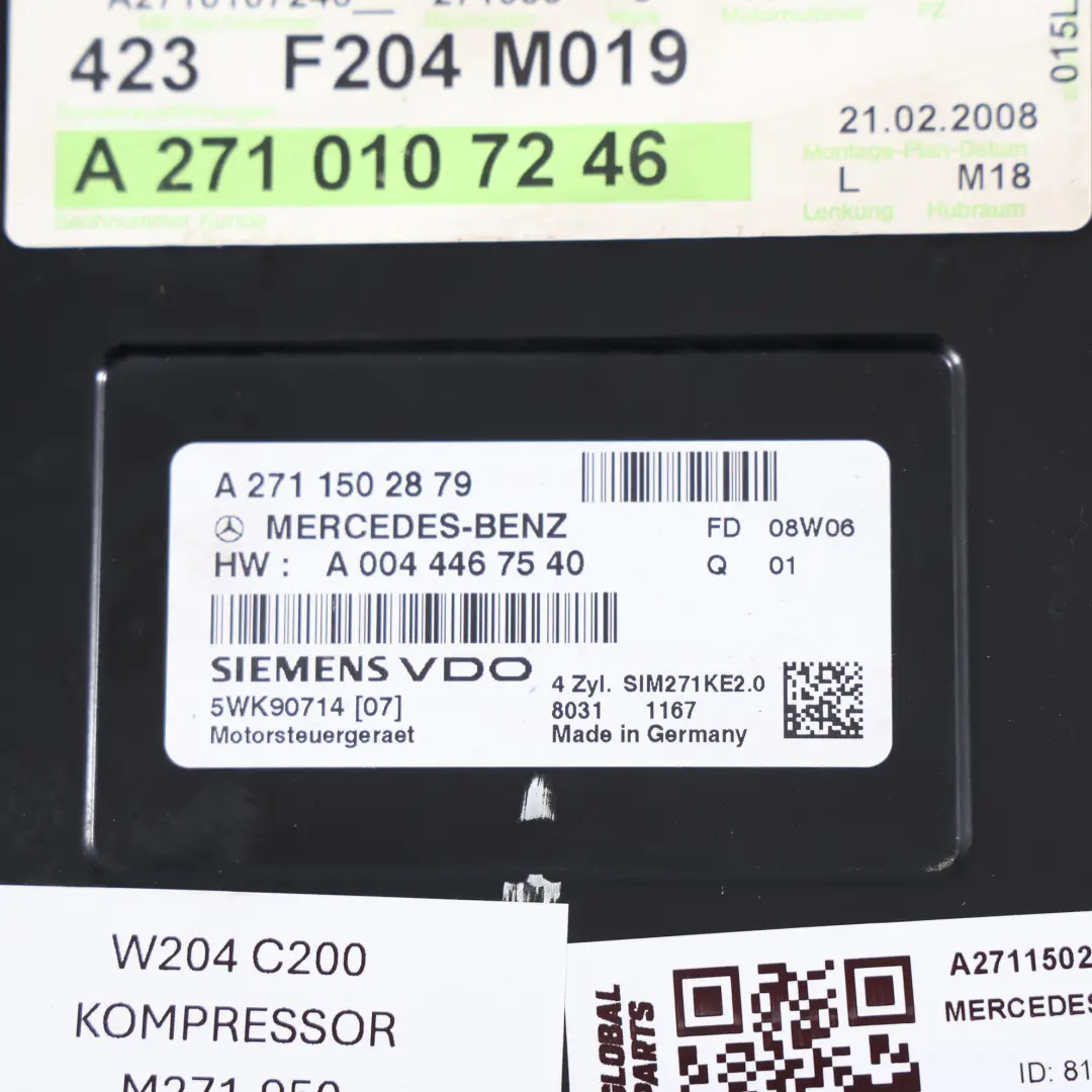 Mercedes W204 C200 M271.950 184HP Komputer Silnika Zestaw - SKU A2711502879-1 - Numer Części A2711502879