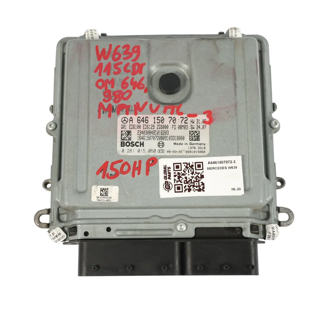 OM646.980 150 PS Motorsteuergerät Kit für Mercedes W639 115 CDI mit Teilenummer A6461507072 Mercedes W639 115 CDI OM646.980 150 PS Motorsteuergerät Kit - SKU A6461507072-3 - Teilenummer A6461507072