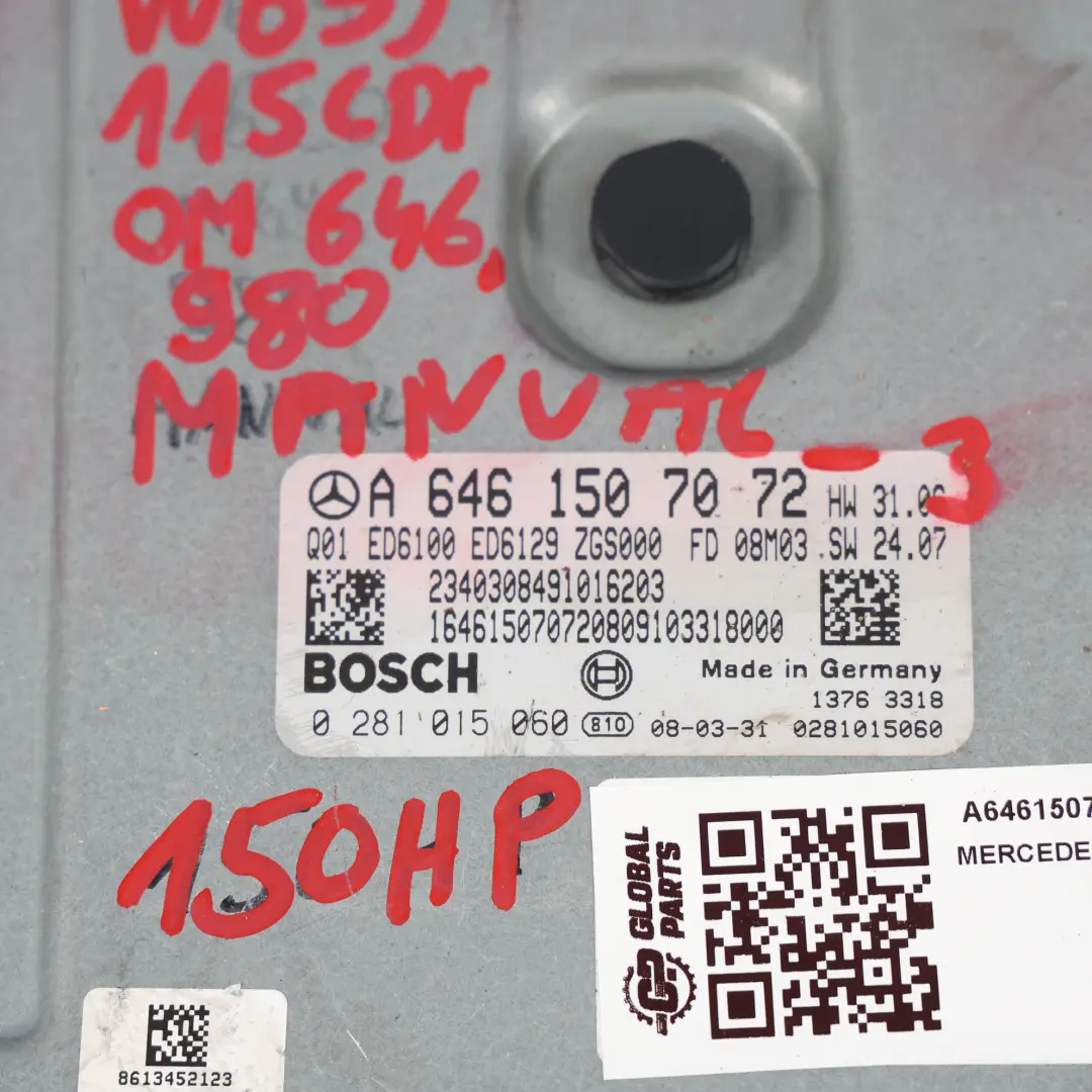 Mercedes W639 115 CDI OM646.980 150HP Sterownik Silnika Zestaw - SKU A6461507072-3 - Numer Części A6461507072