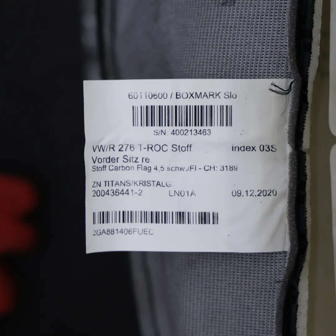 VW T-Roc Mk1 Front Seat Cushion Right O/S Fabric Titanium Black/Grey Right O/S - SKU 2GA881406F - Part number 2GA881406F