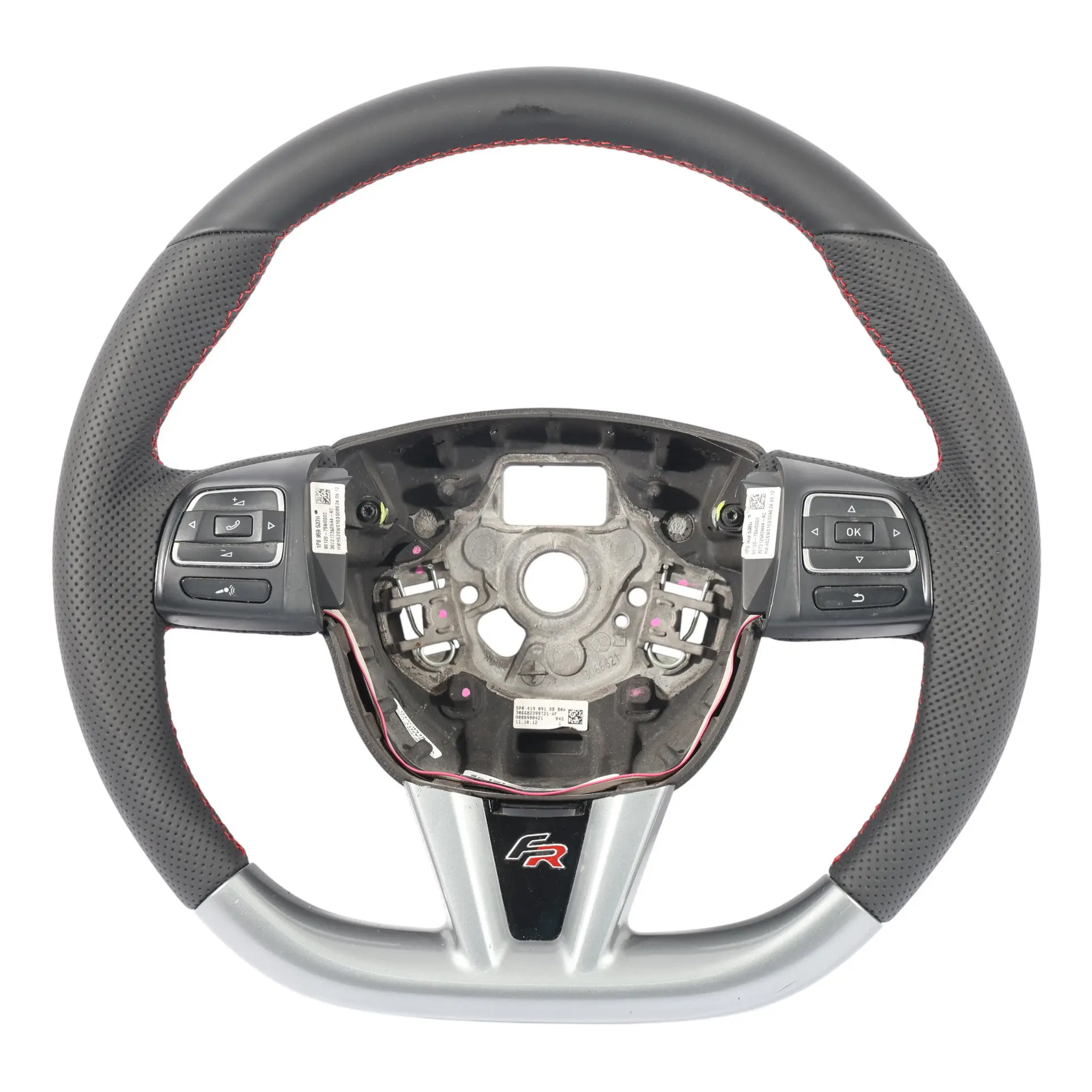 Seat Leon II 1P FR Volante NUOVO In Pelle Nera Fondo Piatto Filettature Rosse