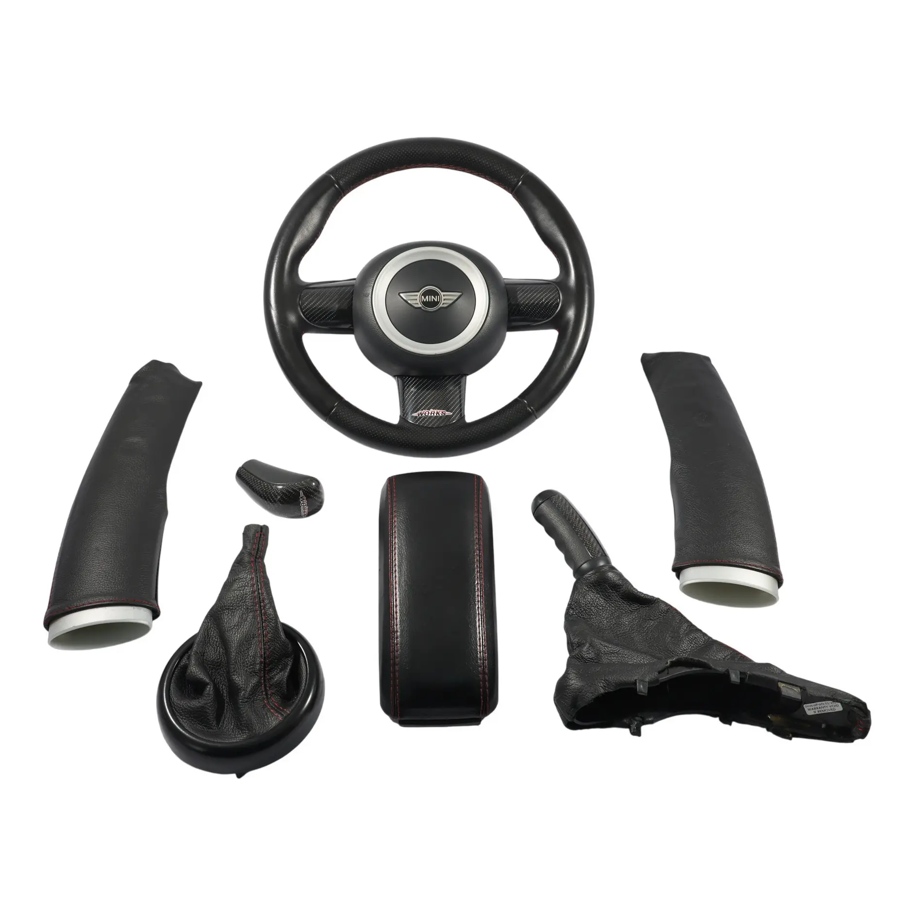 Mini R50 R53 JCW Pommeau Volant Panneau Coque Cuir Surpiqûres Rouges Fil Carbone