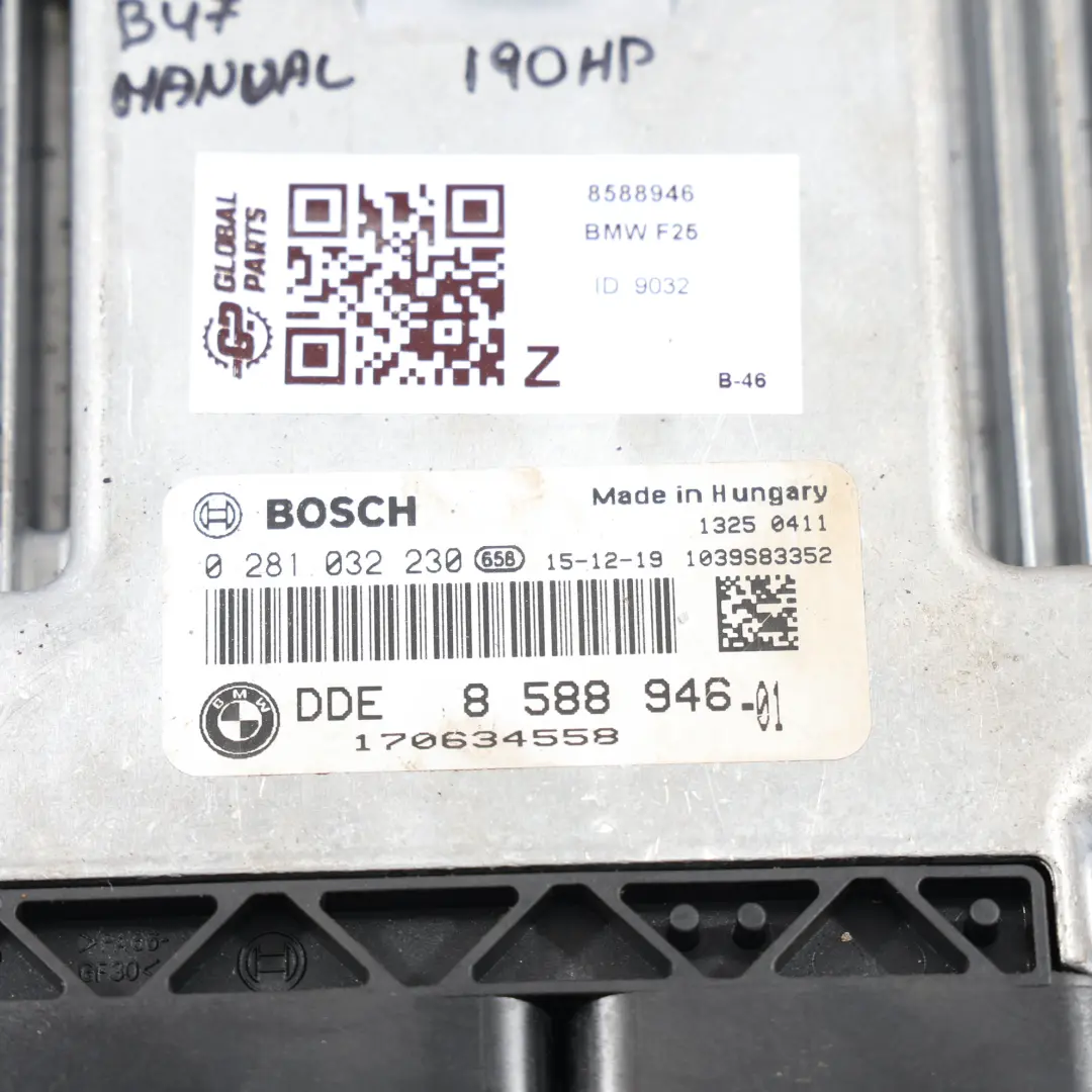 BMW X3 F25 20dX 190HP B47 Engine Control Unit Module ECU DDE Manual - SKU 8588946 - Part number 8588946
