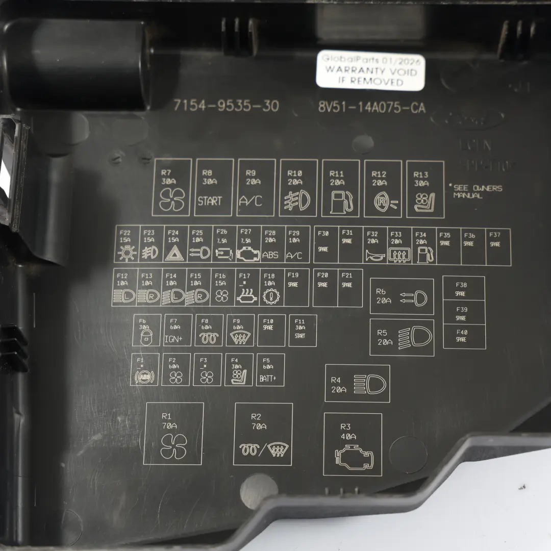 Positive Battery Terminal Fuse Box Cover Lid to Ford Fiesta Mk7 with Part number 8V51-14A075-CA Ford Fiesta Mk7 Positive Battery Terminal Fuse Box Cover Lid - SKU 8V51-14A075-CA - Part number 8V51-14A075-CA