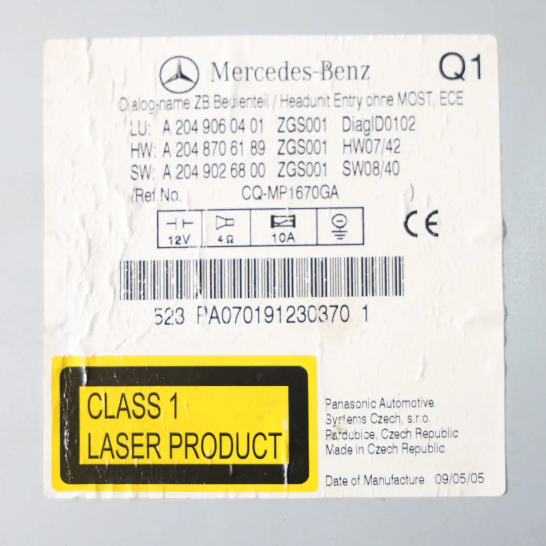 Radio Lettore CD Pannello Controllo Interruttore per Mercedes W204 S204 con numero di parte A2049060401 Mercedes W204 S204 Radio Lettore CD Pannello Controllo Interruttore - SKU A2049060401 - Numero di parte A2049060401