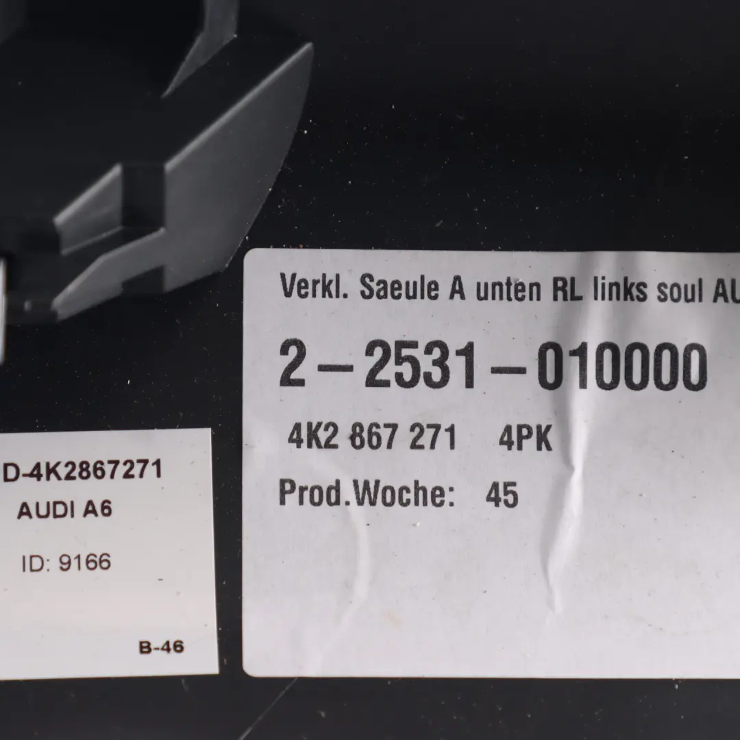 Audi A6 C8 A-Pillar Trim Cover Panel Moulding Strip Lower Left N/S - SKU RHD-4K2867271 - Part number 4K2867271