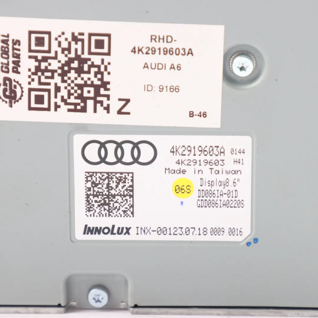 Audi A6 C8 Digital Screen Touchscreen Heater Control Panel Unit 8,6" - SKU RHD-4K2919603A - Part number 4K2919603A