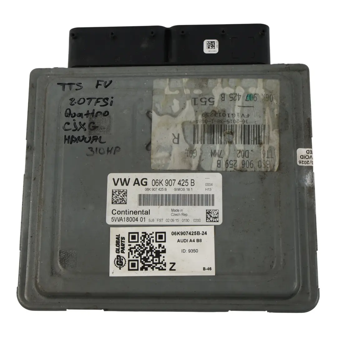 Audi A4 B8 1.8 TFSI CDHA 120HP Engine Control Module ECU Manual - SKU 06K907425B-24 - Part number 06K907425B