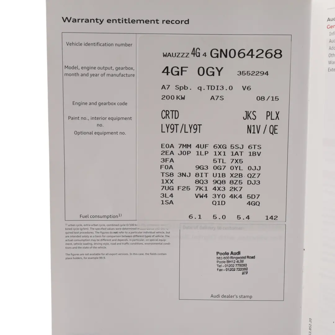 Audi A7 4G Owner's Handbook Book Instructions Manual Case Walllet - SKU 1615614GA20 - Part number 1615614GA20