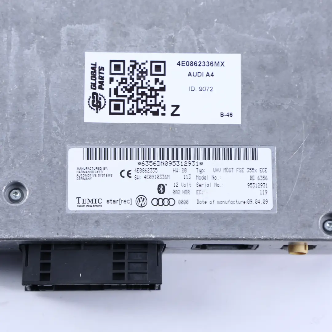 Bluetooth Telephone Control Module ECU 4E0910336MX 4E0862335 to Audi S4 B8 with Part number 4E0862336MX Audi S4 B8 Bluetooth Telephone Control Module ECU 4E0910336MX 4E0862335 - SKU 4E0862336MX - Part number 4E0862336MX