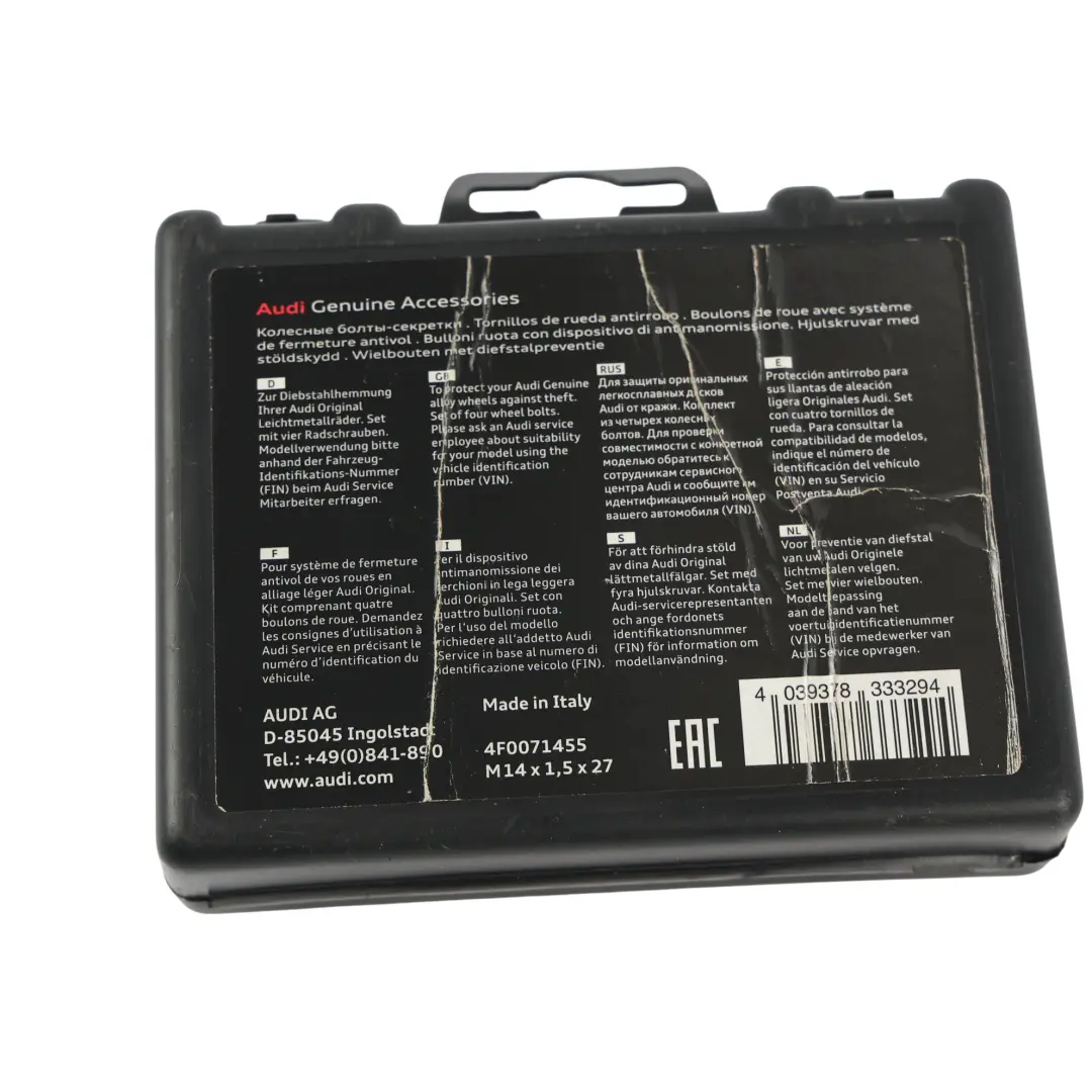 Zestaw Śrub Zabezpieczających Koła do Audi A3 8P TT 8J A4 B8 o numerze 4F0071455 Audi A3 8P TT 8J A4 B8 Zestaw Śrub Zabezpieczających Koła - SKU 4F0071455 - Numer Części 4F0071455