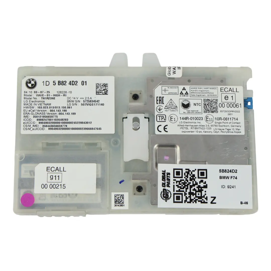 F74 Gran Coupé Emergency Module Telematics Control Unit to BMW with Part number 5B824D2 BMW F74 Gran Coupé Emergency Module Telematics Control Unit - SKU 5B824D2 - Part number 5B824D2