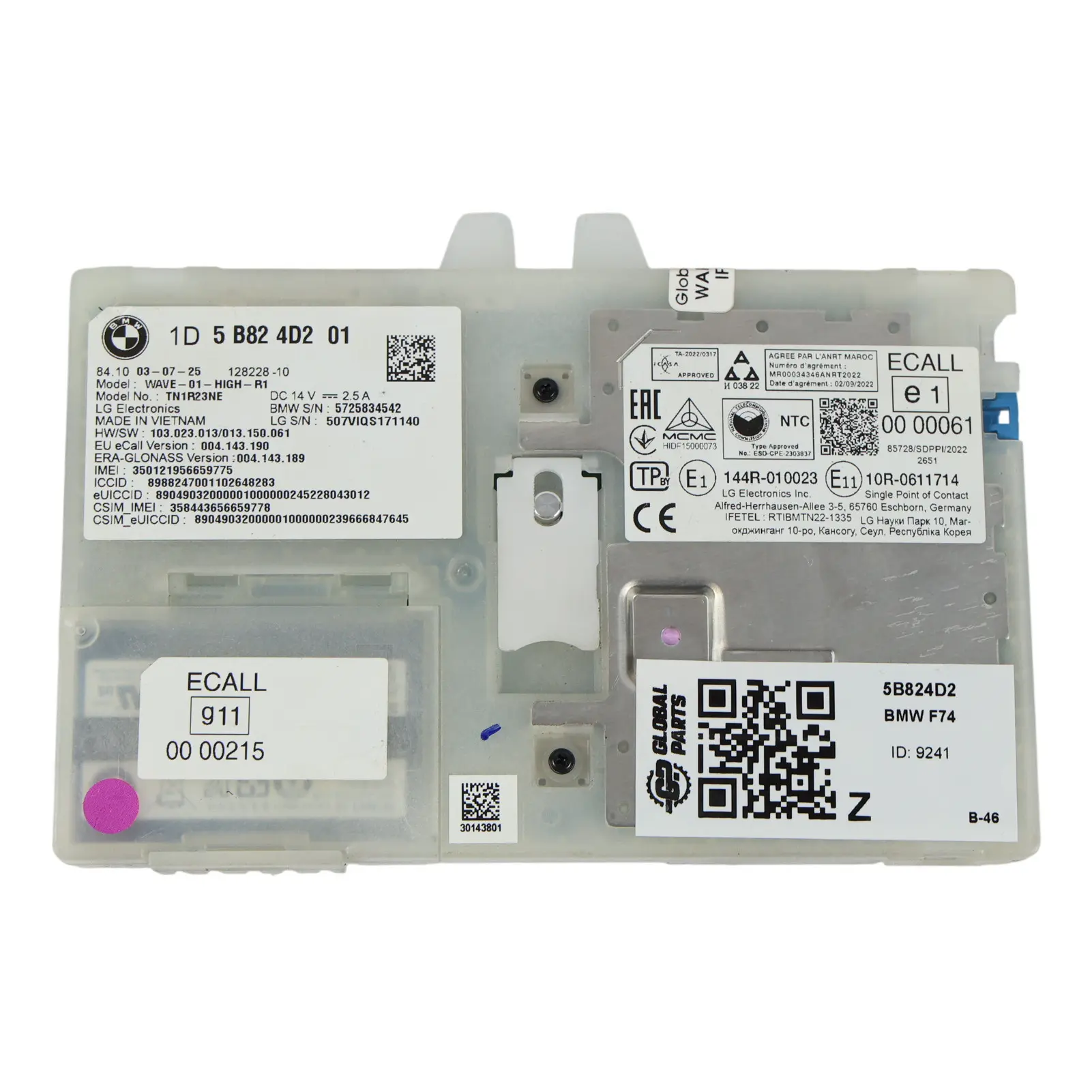 BMW F74 Gran Coupé Module D'Urgence Télématique Unité De Commande 5B824D2