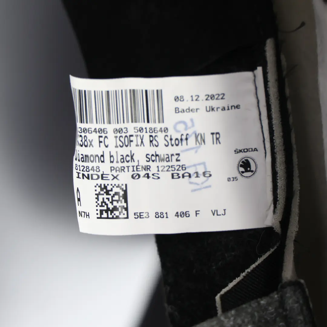 Skoda Octavia Mk4 NX VRS Vorder Seite Sitzbezug Beheizt Rechts Stoff Schwarz/Rot - SKU 5E3881406F - Teilenummer 5E3881406F