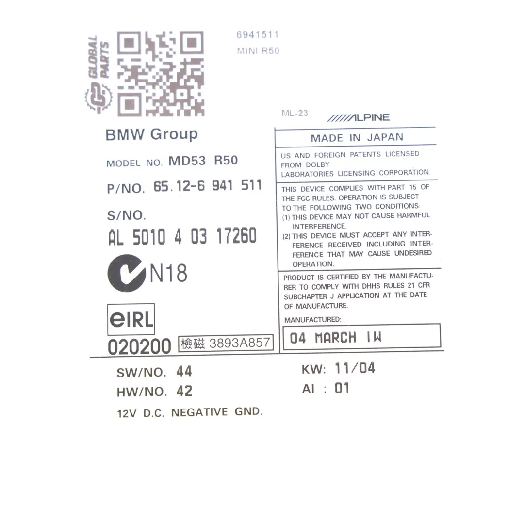 Radio Boost MD Player Unità Principale per Mini Cooper One R50 R52 R53 con numero di parte 6941511 Mini Cooper One R50 R52 R53 Radio Boost MD Player Unità Principale - SKU 6941511 - Numero di parte 6941511