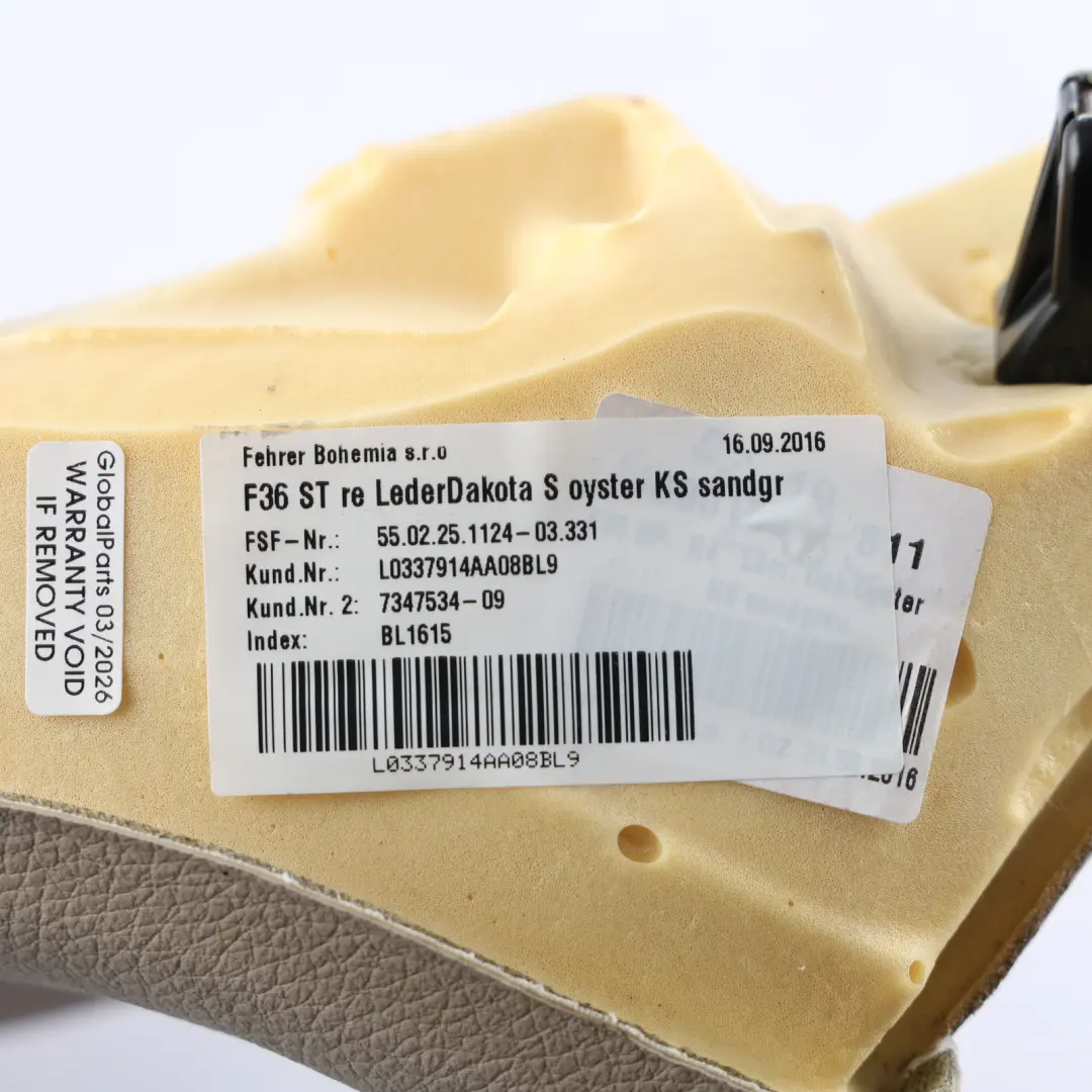 Side Finisher Bench Leather Dakota Oyster Right O/S to BMW F36 Rear Seat Cover with Part number 7347534 BMW F36 Rear Seat Cover Side Finisher Bench Leather Dakota Oyster Right O/S - SKU 7347534 - Part number 7347534