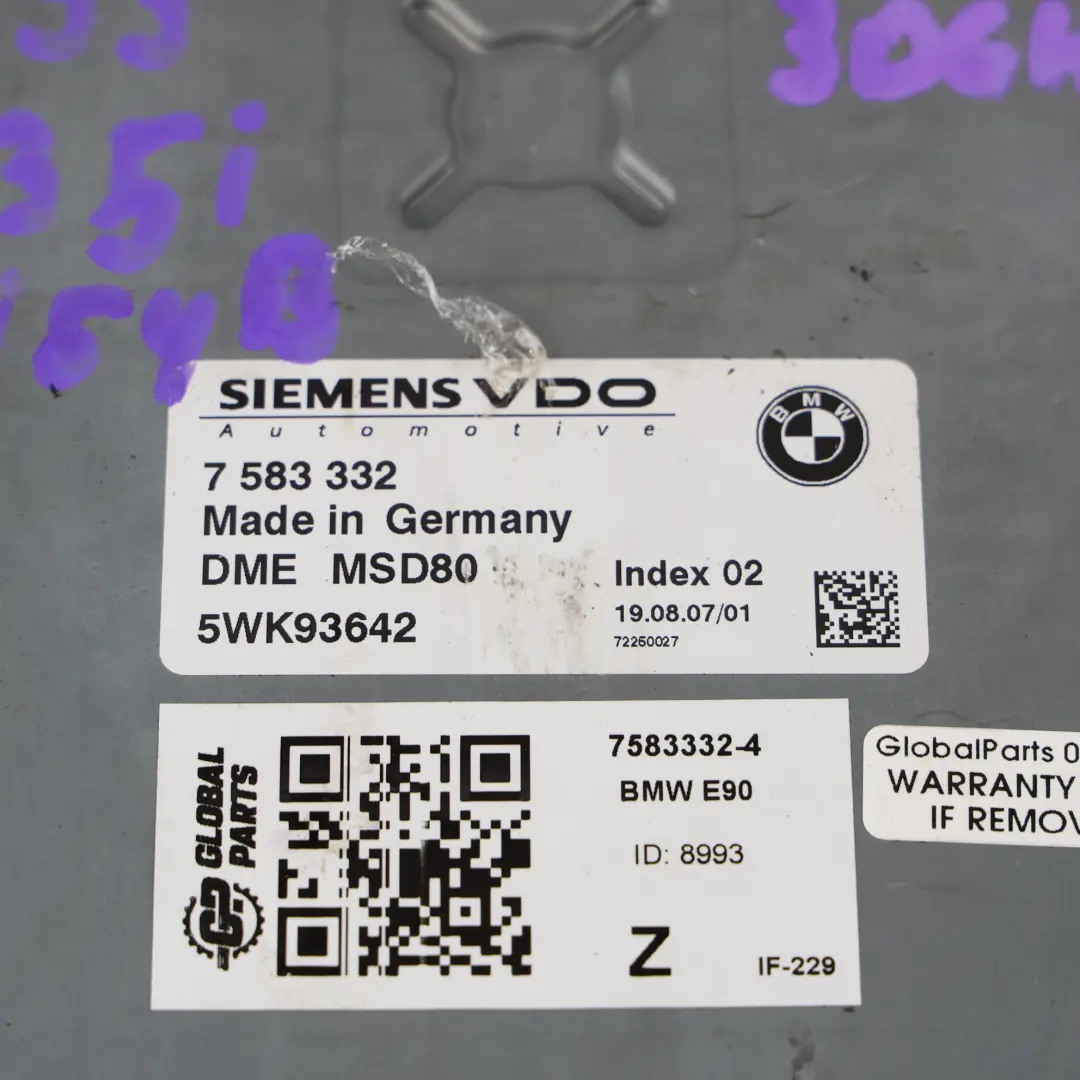 N54 306KM Sterownik Silnika DME Zestaw Automat do BMW E82 E90 E91 E92 o numerze 7583332 BMW E82 E90 E91 E92 N54 306KM Sterownik Silnika DME Zestaw Automat - SKU 7583332-4 - Numer Części 7583332