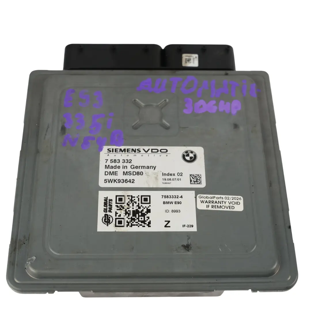 BMW E82 E90 E91 E92 N54 306CH Kit Calculateur Moteur ECU DME Automatique - SKU 7583332-4 - Numéro de pièce 7583332