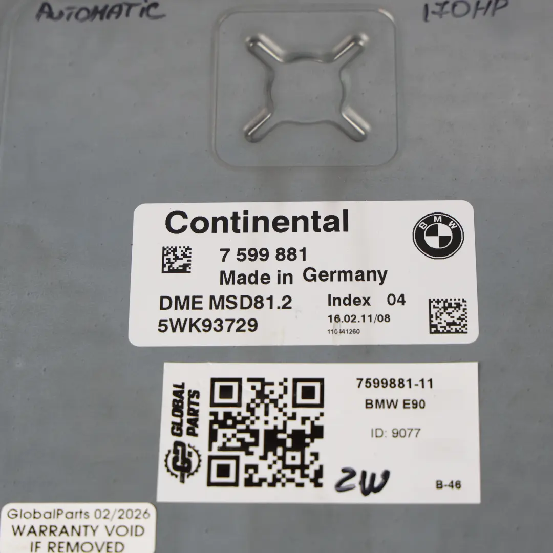 BMW E87 LCI E90 E91 N43 170PS Motor Steuer Gerät ECU Kit DME Automatik - SKU 7599881-11 - Teilenummer 7599881