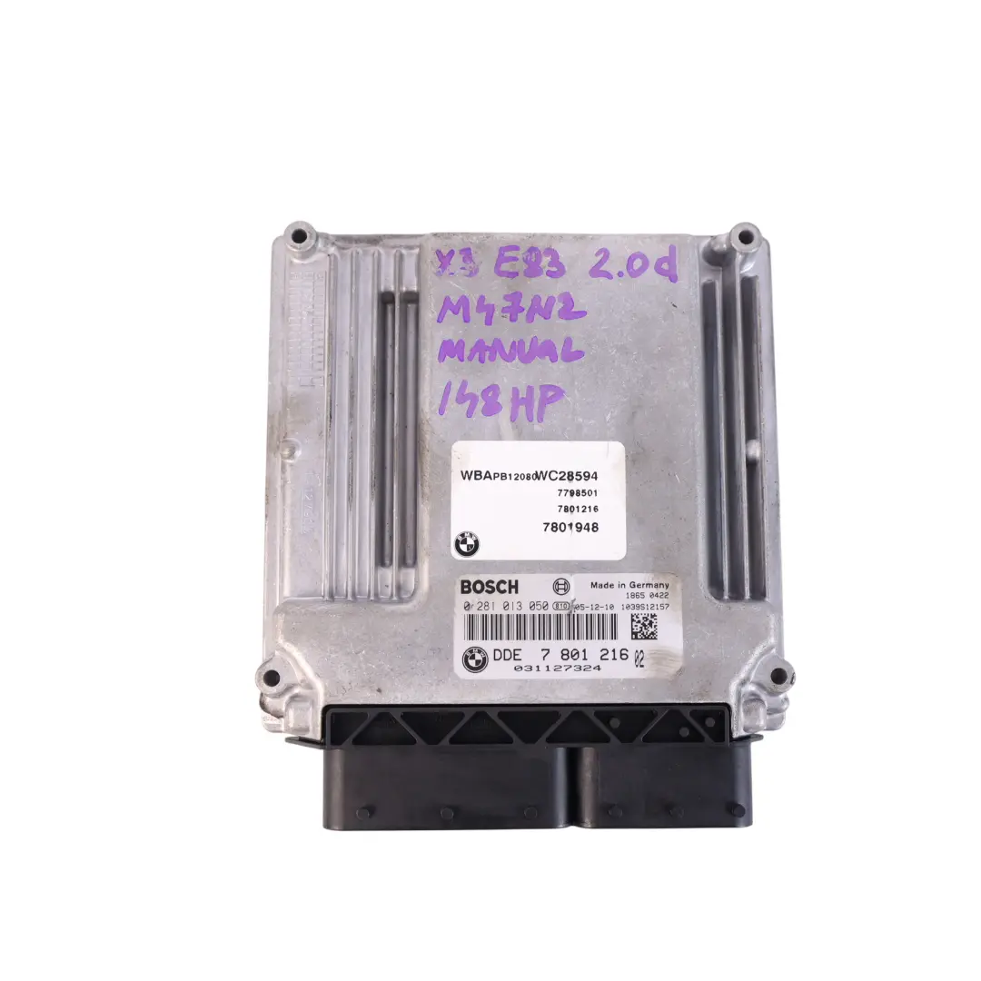 BMW X3 E83 2.0D 150HP M47N2 Motore Diesel Controllo ECU DDE Kit Manuale - SKU 7801216-1 - Numero di parte 7801216