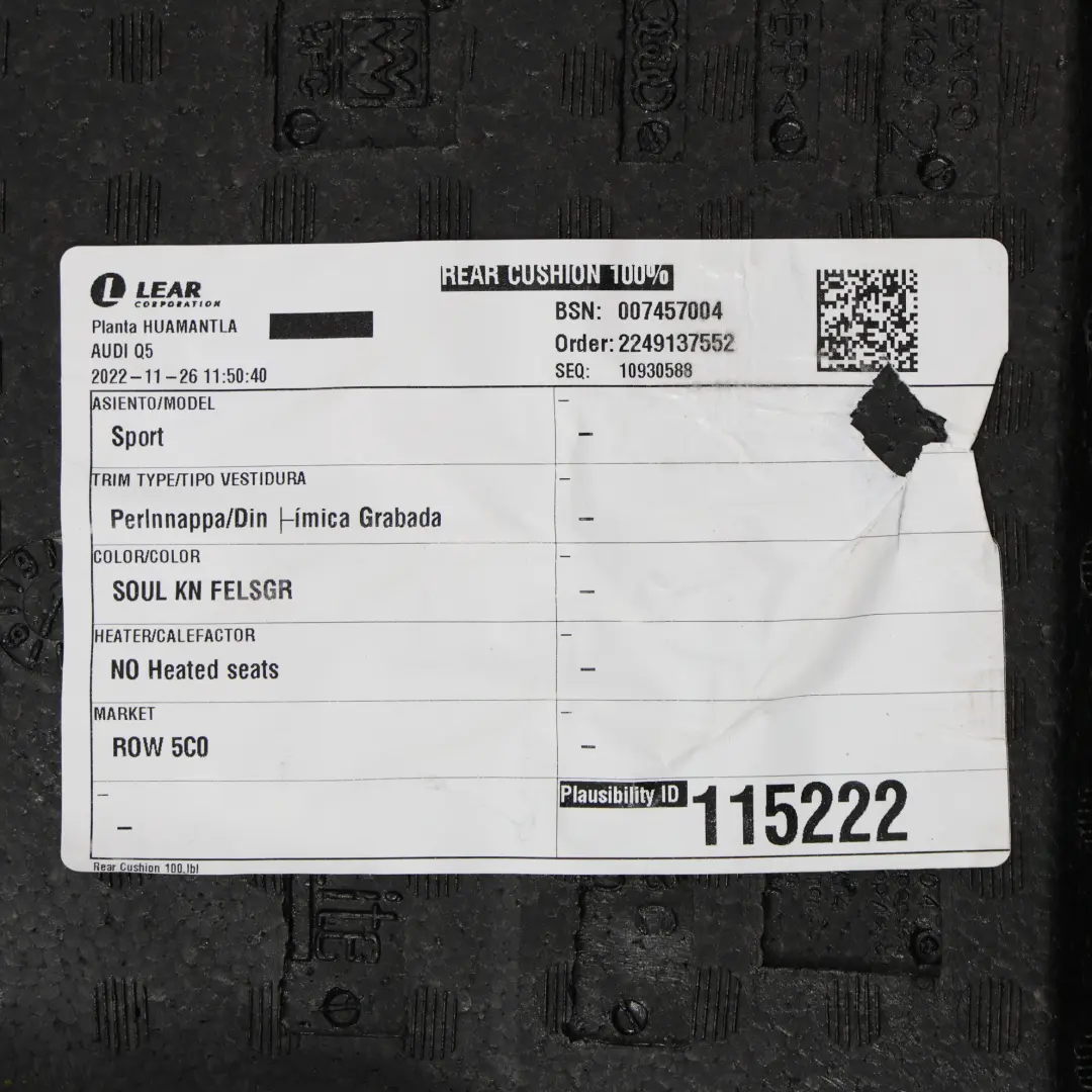 Trasero Deportivo Asiento Banco Cojín Funda Dinamica Cuero Negro para Audi Q5 FY con número de pieza 80A885375J Audi Q5 FY Trasero Deportivo Asiento Banco Cojín Funda Dinamica Cuero Negro - SKU 80A885375J - Número de pieza 80A885375J