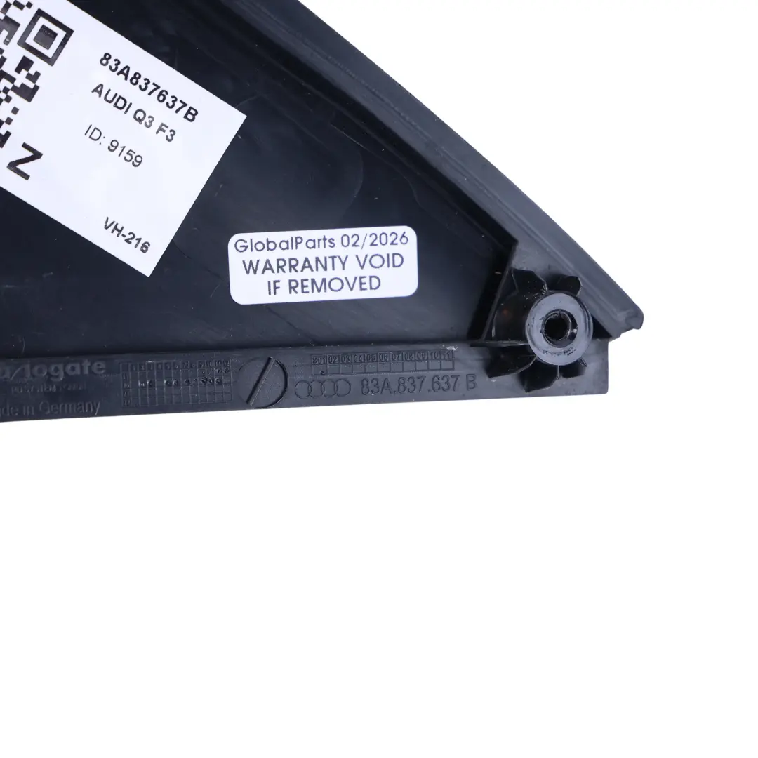 Porta Anteriore Angolo Quartiere Rivestiment Sinistro Nero per Audi Q3 F3 con numero di parte 83A837637B Audi Q3 F3 Porta Anteriore Angolo Quartiere Rivestiment Sinistro Nero - SKU 83A837637B - Numero di parte 83A837637B