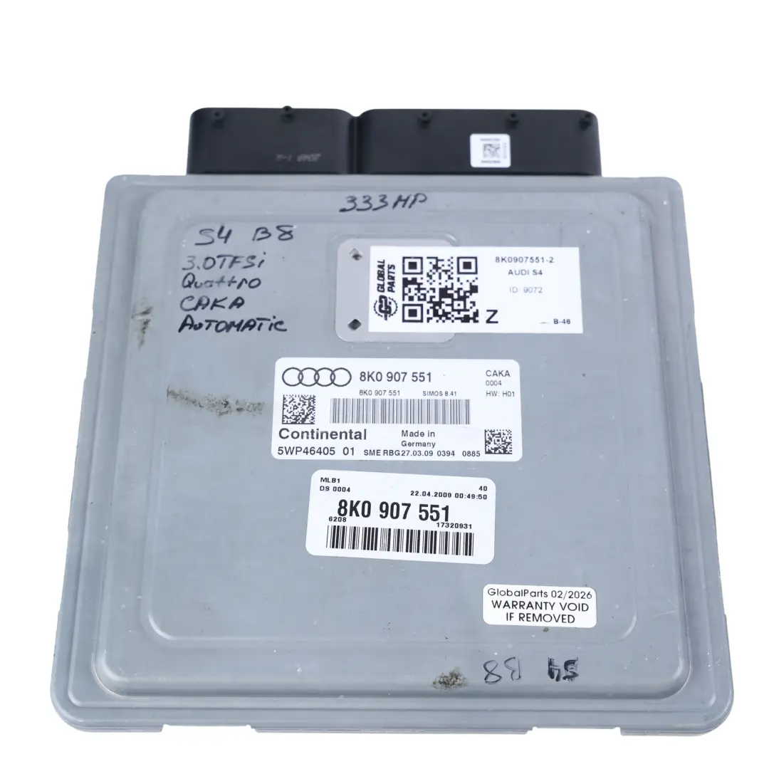 333HP CAKA Quattro Unidad Motor Kit ECU Automático para Audi S4 B8 3.0 TFSI con número de pieza 8K0907551 Audi S4 B8 3.0 TFSI 333HP CAKA Quattro Unidad Motor Kit ECU Automático - SKU 8K0907551-2 - Número de pieza 8K0907551