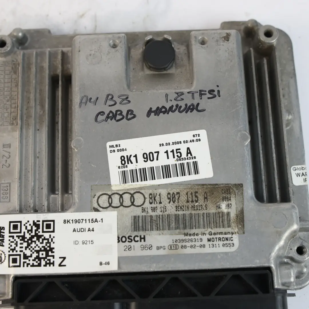 Audi A4 B8 1.8 TFSI CABB 160HP Centralina Motore Manuale - SKU 8K1907115A-1 - Numero di parte 8K1907115A