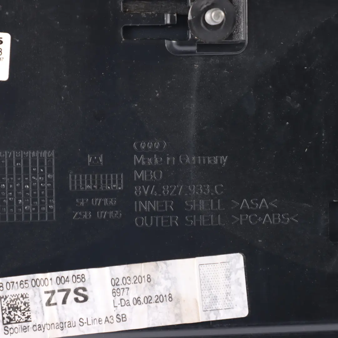 Audi A3 S3 8V Sportback Rear Spoiler Boot Lid Tailgate Trim Daytona Grey - Z7S - SKU 8V4827933C-DGR - Part number 8V4827933C