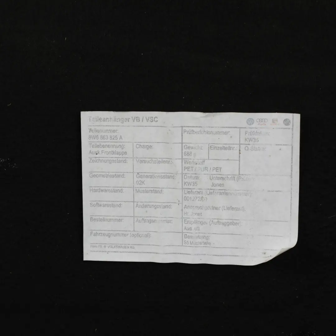 Hood Bonnet Sound Insulation Panel Trim Covering to Audi A5 F5 with Part number 8W6863825A Audi A5 F5 Hood Bonnet Sound Insulation Panel Trim Covering - SKU 8W6863825A - Part number 8W6863825A