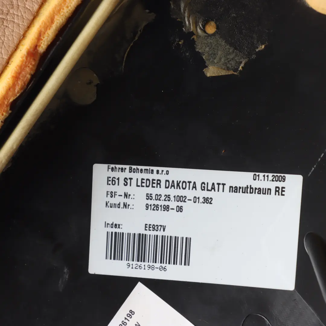 Side Finisher Lateral Leather Natur Brown Right O/S to BMW E61 Rear Seat with Part number 9126198 BMW E61 Rear Seat Side Finisher Lateral Leather Natur Brown Right O/S - SKU 9126198 - Part number 9126198