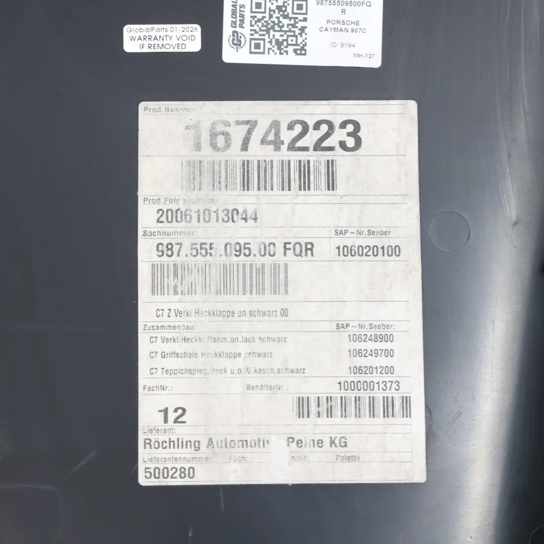 Hintere Heckklappe Innenverkleidung Panel für Porsche Cayman 987 mit Teilenummer 98755509500 Porsche Cayman 987 Hintere Heckklappe Innenverkleidung Panel - SKU 98755509500 - Teilenummer 98755509500