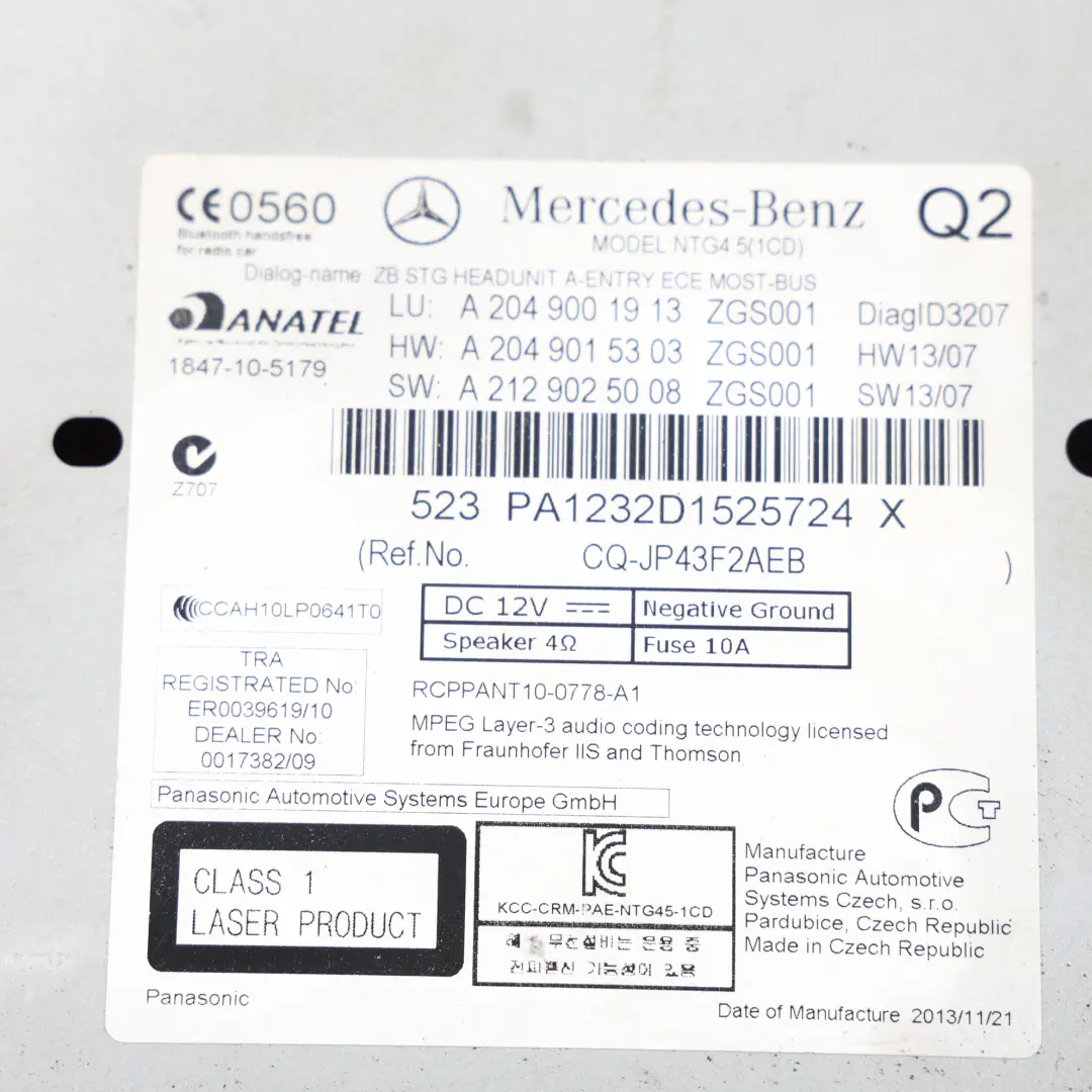 Mercedes W204 Autoradio CD Avec Lecteur De GPS Commandes Audio - SKU A2049001913 - Numéro de pièce A2049001913
