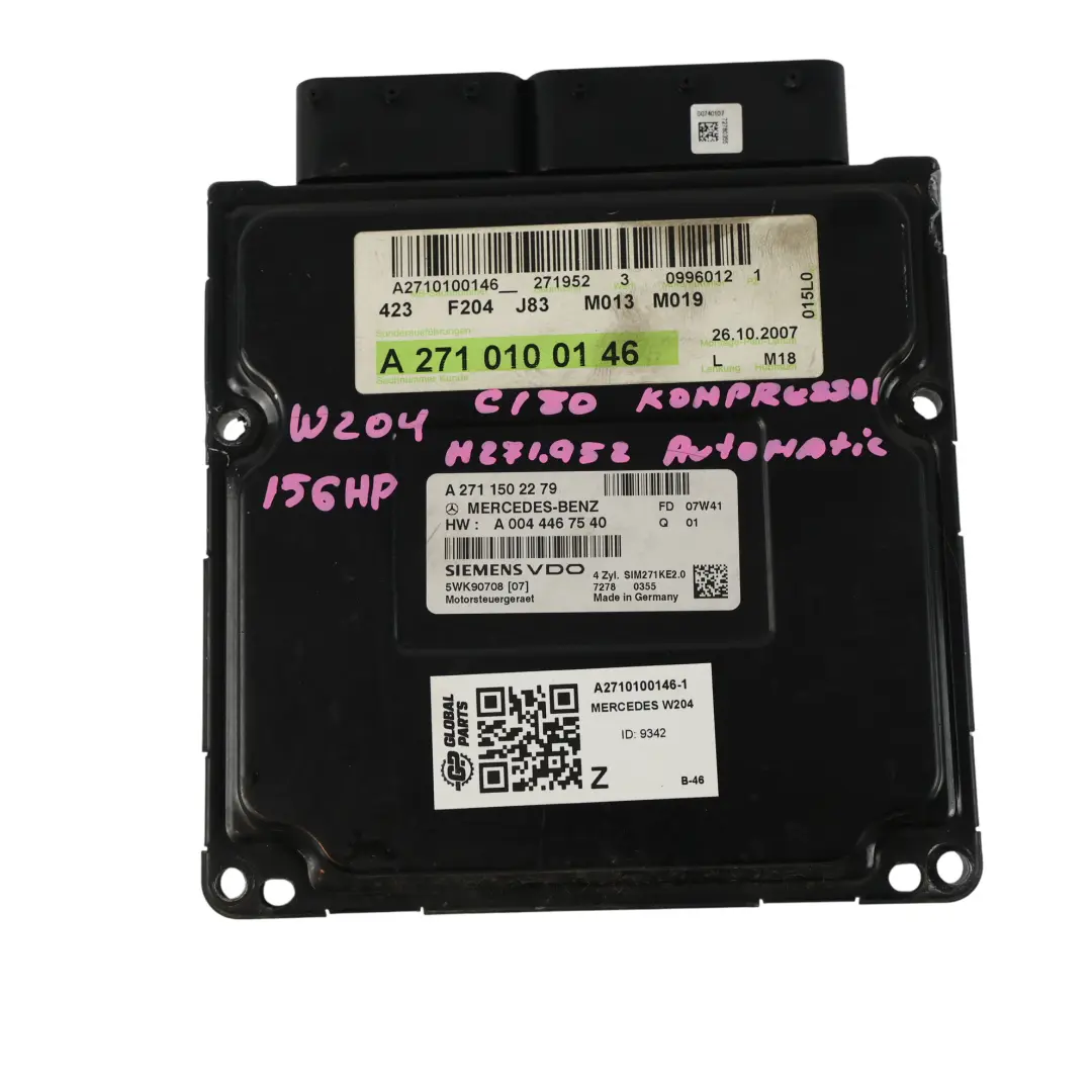 C180 M271.952 Kit Commande Moteur ECU Automatique pour Mercedes W204 à propos du numéro de pièce A2710100146 Mercedes W204 C180 M271.952 Kit Commande Moteur ECU Automatique - SKU A2710100146-1 - Numéro de pièce A2710100146