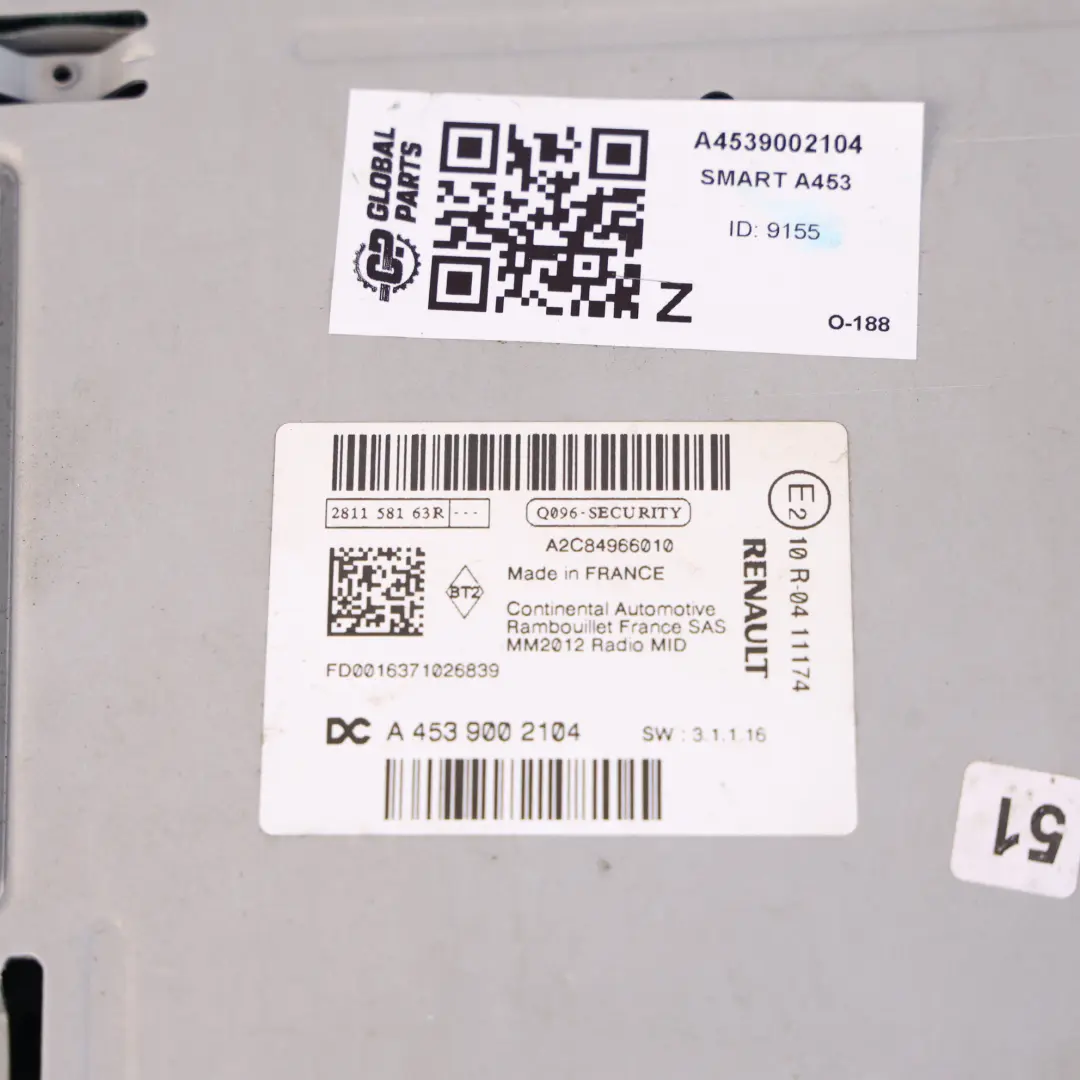 Smart 453 Fortwo Sistema Audio Radio Módulo Navegación - SKU A4539002104 - Número de pieza A4539002104