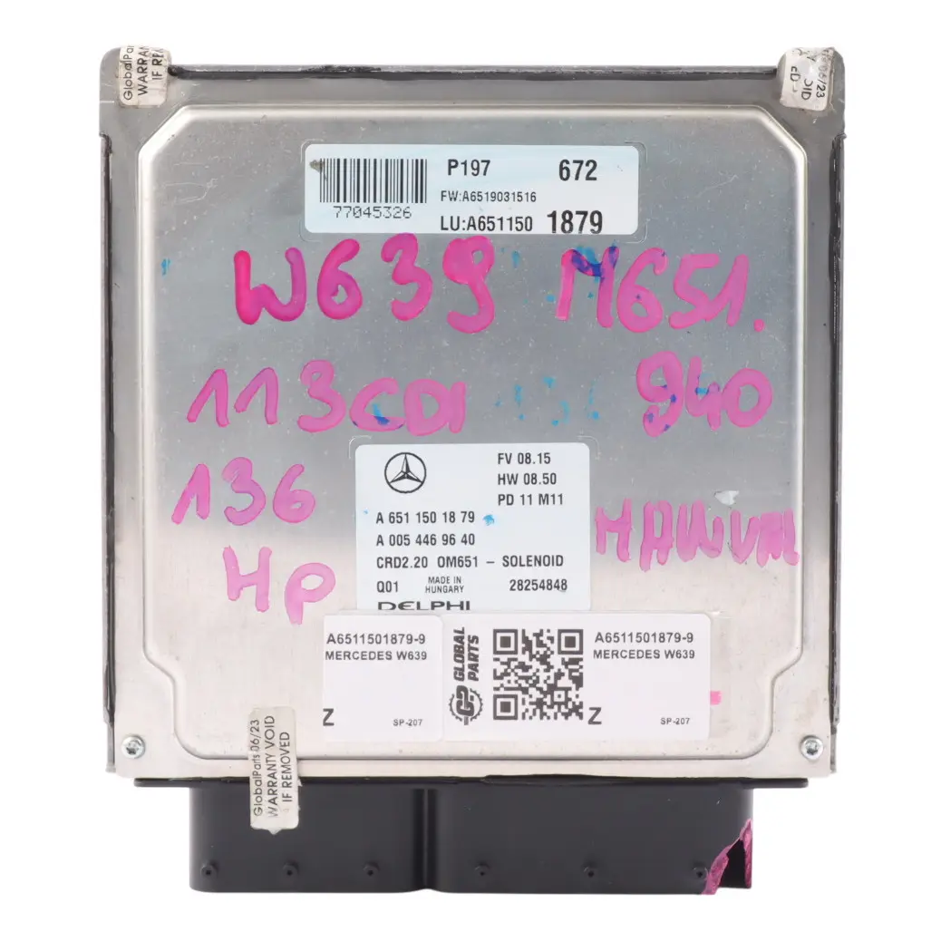 OM651.940 113 CDI 136HP Engine Unit Module ECU Manual to Mercedes W639 with Part number A6511501879 Mercedes W639 OM651.940 113 CDI 136HP Engine Unit Module ECU Manual - SKU A6511501879-9 - Part number A6511501879
