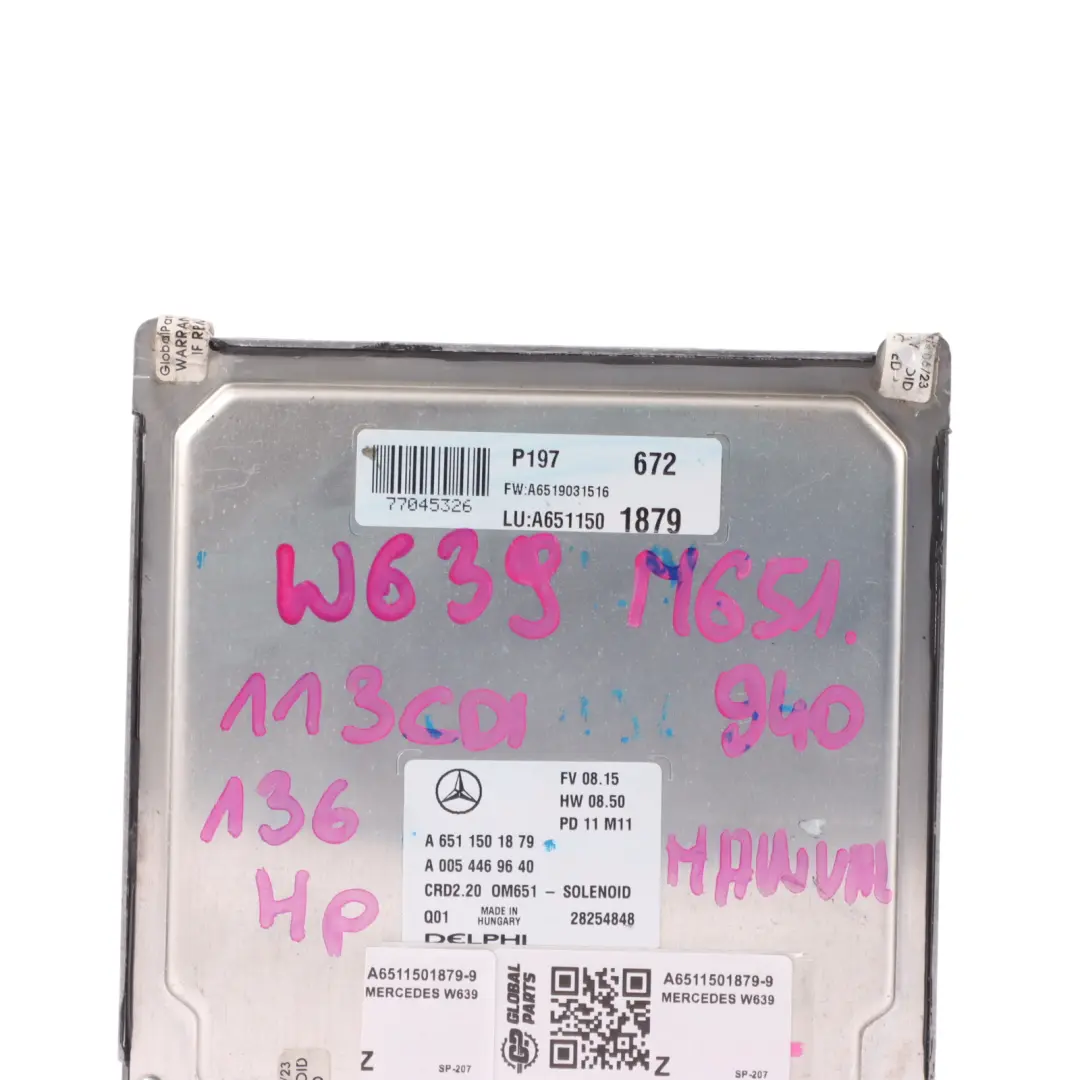 OM651.940 113 CDI 136HP Engine Unit Module ECU Manual to Mercedes W639 with Part number A6511501879 Mercedes W639 OM651.940 113 CDI 136HP Engine Unit Module ECU Manual - SKU A6511501879-9 - Part number A6511501879