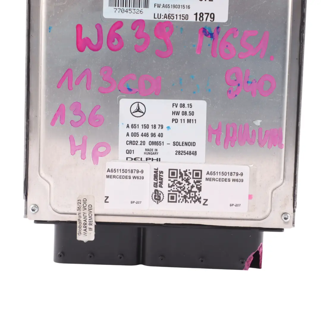 OM651.940 113 CDI 136HP Engine Unit Module ECU Manual to Mercedes W639 with Part number A6511501879 Mercedes W639 OM651.940 113 CDI 136HP Engine Unit Module ECU Manual - SKU A6511501879-9 - Part number A6511501879