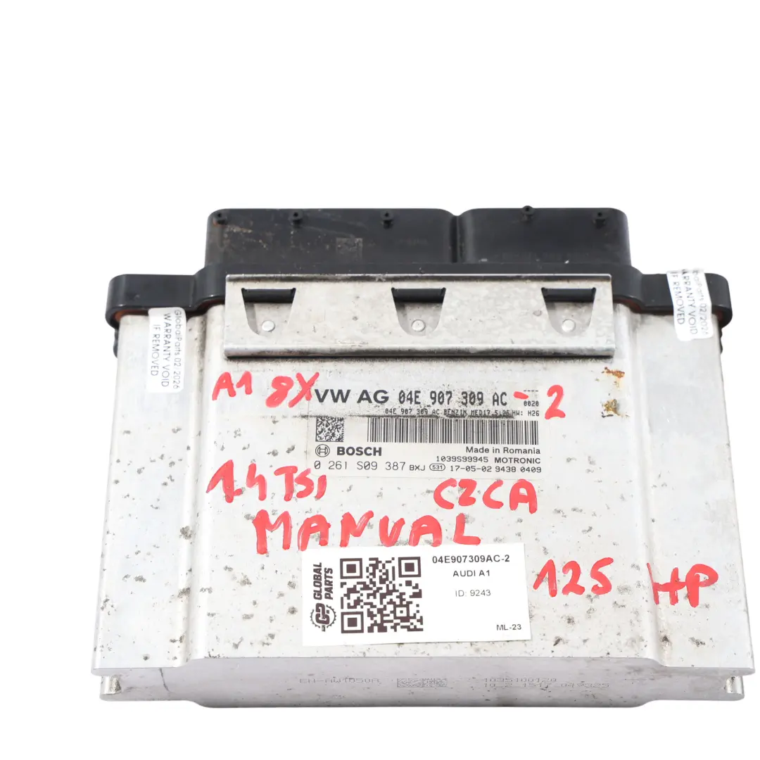 CZCA 125HP Kit Centralina Motore Manuale per Audi A1 8X 1.4 TFSI con numero di parte 04E907309AC Audi A1 8X 1.4 TFSI CZCA 125HP Kit Centralina Motore Manuale - SKU 04E907309AC-2 - Numero di parte 04E907309AC
