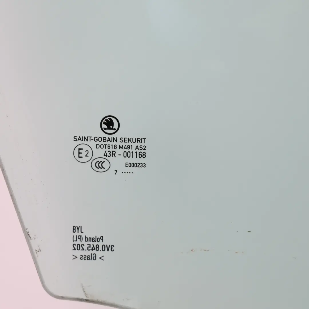 Skoda Superb MK3 3V Door Window Glass AS2 Front Right O/S Side - SKU 3V0845202 - Part number 3V0845202